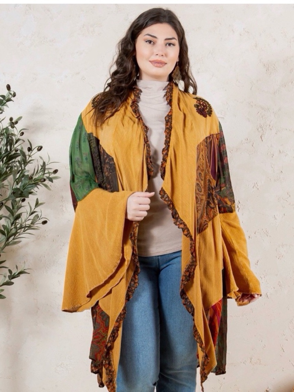YOUNG THREADS NWT Kimono Mustard Floral Plaid  Size 1X